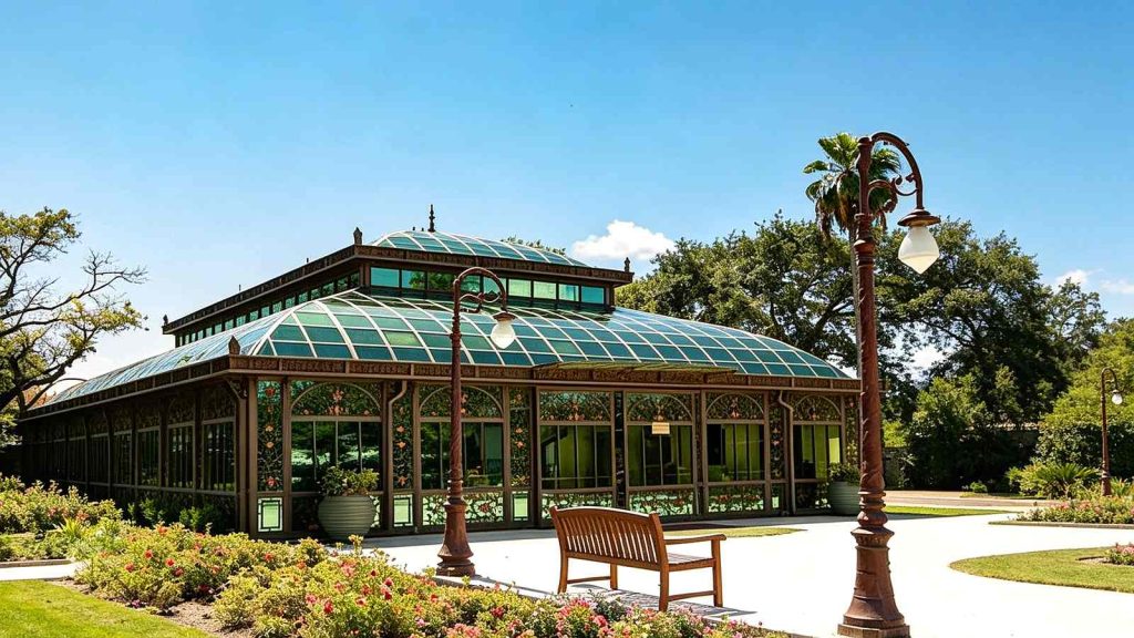 Exterior view of large Victorian Conservatory sunroom, steel glass structure within landscaped garden on sunny day